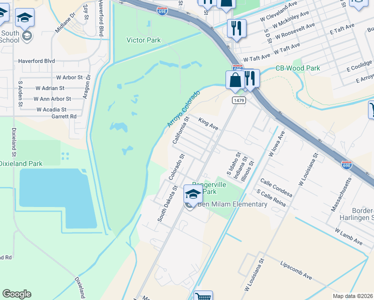 map of restaurants, bars, coffee shops, grocery stores, and more near 1914-1998 West La Salle Avenue in Harlingen
