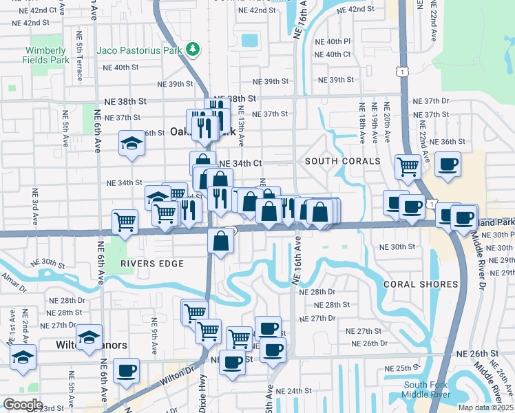 map of restaurants, bars, coffee shops, grocery stores, and more near 1421 East Oakland Park Boulevard in Oakland Park
