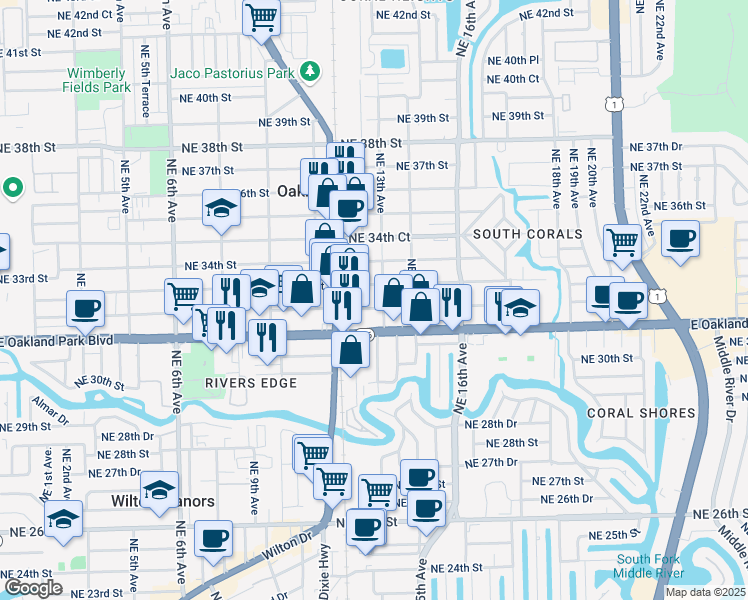 map of restaurants, bars, coffee shops, grocery stores, and more near 1299 East Oakland Park Boulevard in Oakland Park