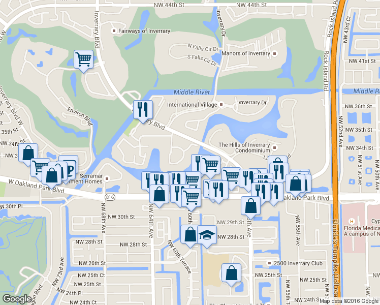 map of restaurants, bars, coffee shops, grocery stores, and more near 3330 Spanish Moss Terrace in Lauderhill