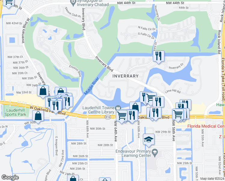map of restaurants, bars, coffee shops, grocery stores, and more near 6614 Racquet Club Drive in Lauderhill