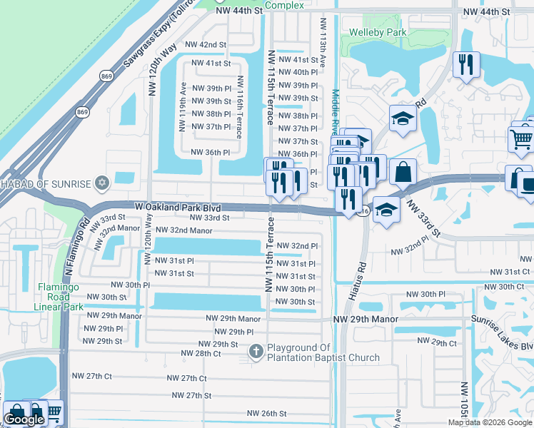 map of restaurants, bars, coffee shops, grocery stores, and more near 11530 Northwest 33rd Street in Sunrise