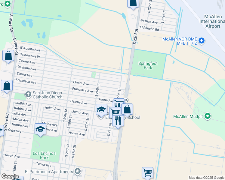 map of restaurants, bars, coffee shops, grocery stores, and more near 2402 Francisca Avenue in McAllen