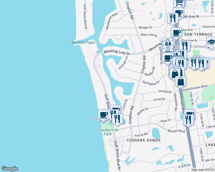 map of restaurants, bars, coffee shops, grocery stores, and more near 1820 Gulf Shore Boulevard North in Naples