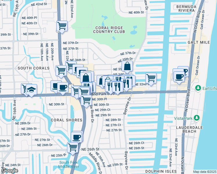 map of restaurants, bars, coffee shops, grocery stores, and more near 2691 East Oakland Park Boulevard in Fort Lauderdale
