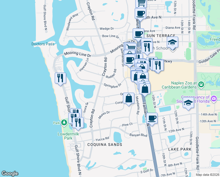 map of restaurants, bars, coffee shops, grocery stores, and more near 555 Orchid Drive in Naples