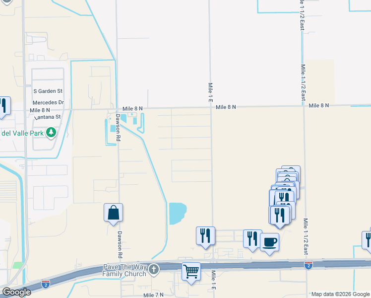 map of restaurants, bars, coffee shops, grocery stores, and more near 9563 Mile 1 East in Mercedes
