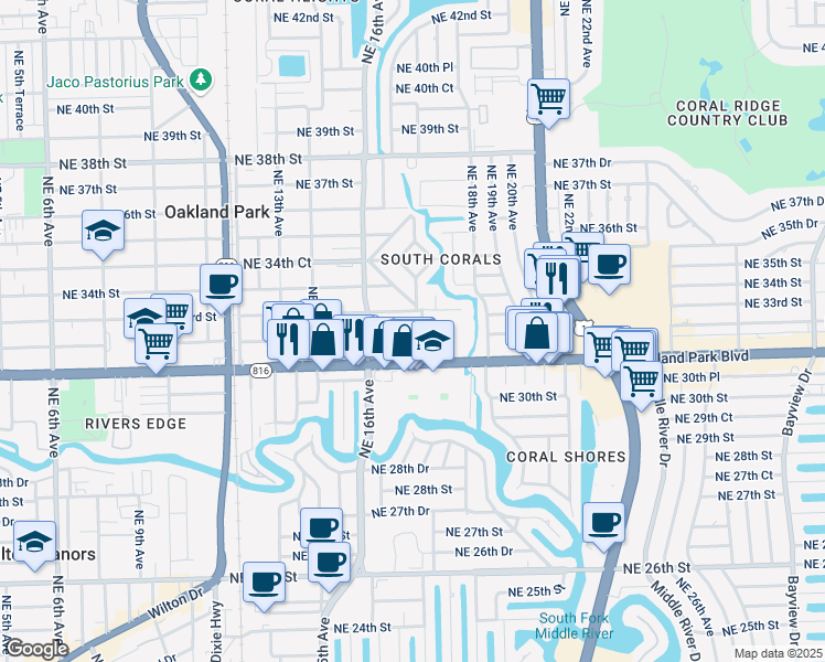 map of restaurants, bars, coffee shops, grocery stores, and more near 3161 Northeast 17th Avenue in Oakland Park