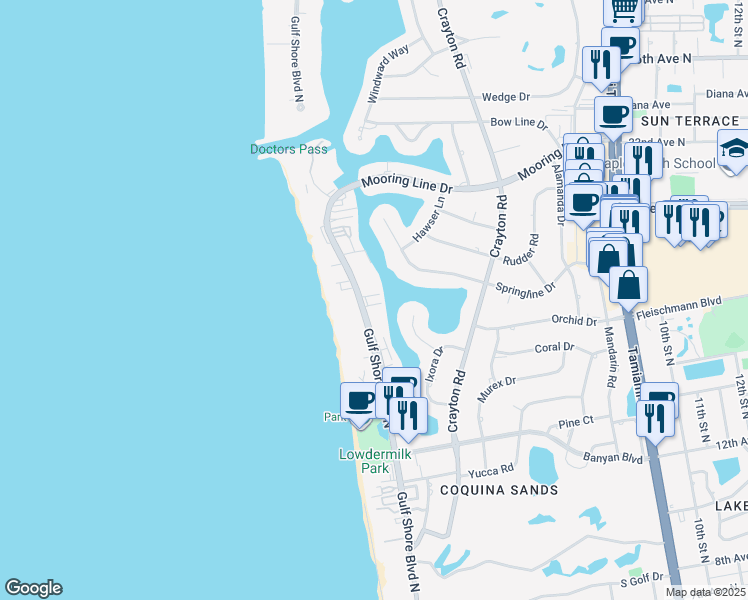 map of restaurants, bars, coffee shops, grocery stores, and more near 1820 Gulf Shore Boulevard North in Naples