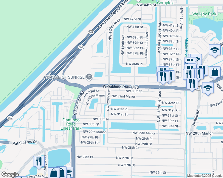 map of restaurants, bars, coffee shops, grocery stores, and more near 12031 Northwest 33rd Street in Sunrise