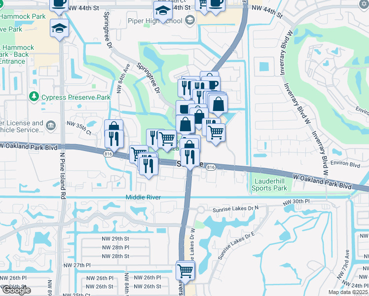 map of restaurants, bars, coffee shops, grocery stores, and more near 8053 West Oakland Park Boulevard in Sunrise