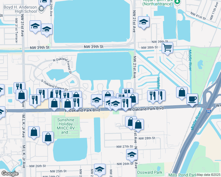 map of restaurants, bars, coffee shops, grocery stores, and more near 2350 Northwest 33rd Street in Fort Lauderdale