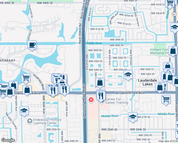 map of restaurants, bars, coffee shops, grocery stores, and more near 5151 West Oakland Park Boulevard in Lauderdale Lakes