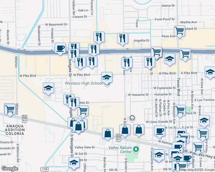 map of restaurants, bars, coffee shops, grocery stores, and more near 1005 West Pike Boulevard in Weslaco