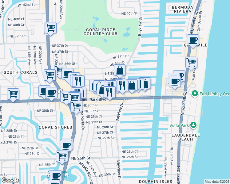 map of restaurants, bars, coffee shops, grocery stores, and more near 2739 East Oakland Park Boulevard in Fort Lauderdale