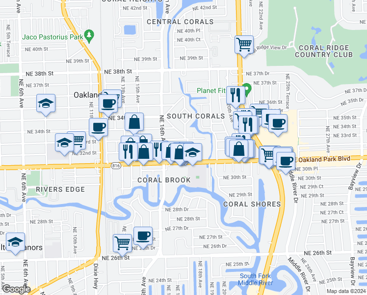 map of restaurants, bars, coffee shops, grocery stores, and more near 3161 Northeast 17th Avenue in Oakland Park