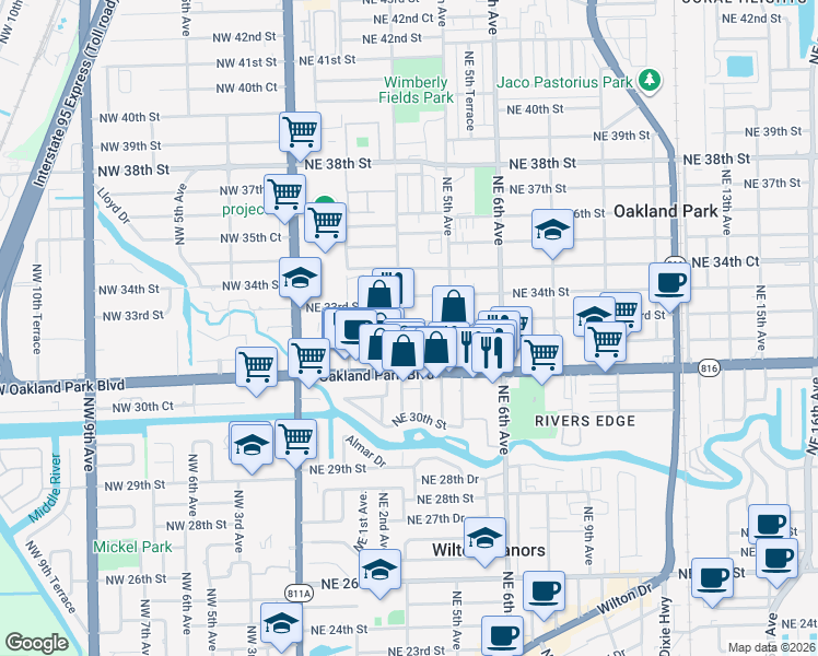 map of restaurants, bars, coffee shops, grocery stores, and more near 312 Northeast 32nd Street in Oakland Park