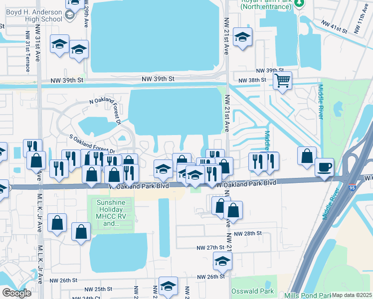map of restaurants, bars, coffee shops, grocery stores, and more near 2350 Northwest 33rd Street in Fort Lauderdale
