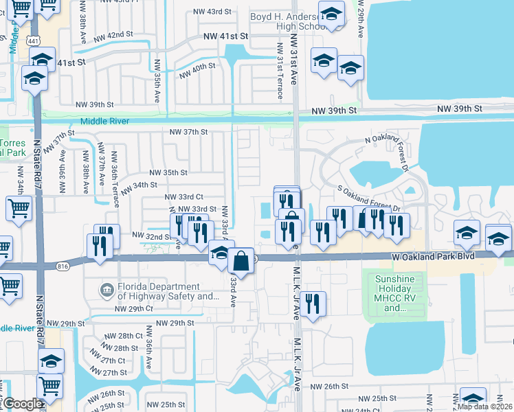 map of restaurants, bars, coffee shops, grocery stores, and more near 3239 Northwest 32nd Terrace in Lauderdale Lakes