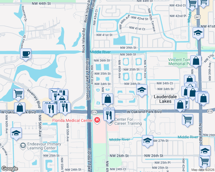 map of restaurants, bars, coffee shops, grocery stores, and more near 5071 West Oakland Park Boulevard in Lauderdale Lakes