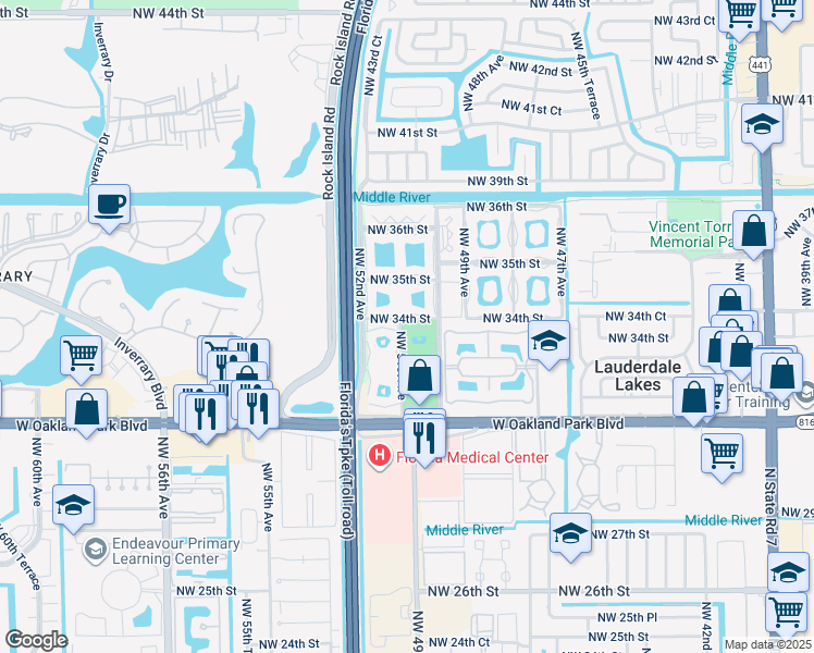 map of restaurants, bars, coffee shops, grocery stores, and more near 5071 West Oakland Park Boulevard in Lauderdale Lakes