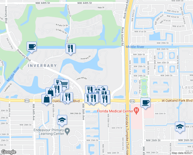map of restaurants, bars, coffee shops, grocery stores, and more near 3405 Lime Hill Road in Lauderhill
