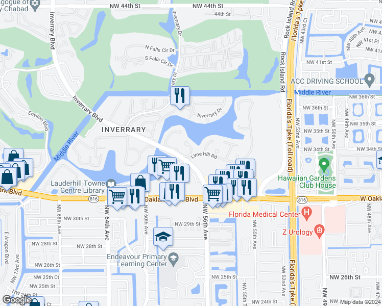 map of restaurants, bars, coffee shops, grocery stores, and more near 5602 Lime Hill Road in Lauderhill