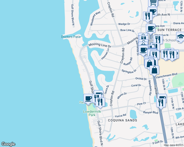 map of restaurants, bars, coffee shops, grocery stores, and more near 1820 Gulf Shore Boulevard North in Naples