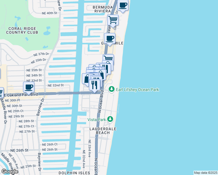 map of restaurants, bars, coffee shops, grocery stores, and more near 3057 Center Avenue in Fort Lauderdale