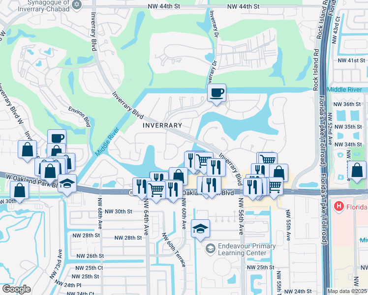 map of restaurants, bars, coffee shops, grocery stores, and more near 3360 Spanish Moss Terrace in Lauderhill