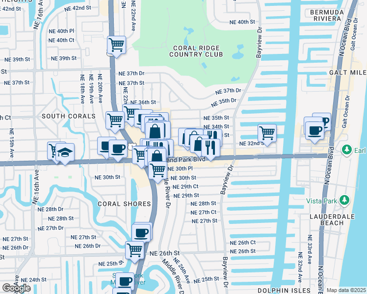 map of restaurants, bars, coffee shops, grocery stores, and more near 2611 East Oakland Park Boulevard in Fort Lauderdale