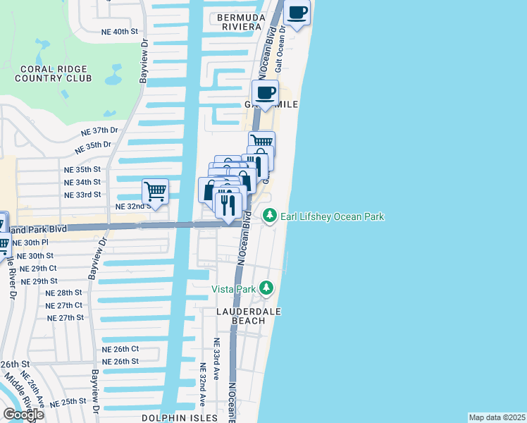map of restaurants, bars, coffee shops, grocery stores, and more near 3057 Center Avenue in Fort Lauderdale