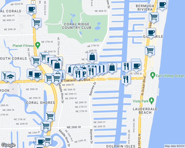 map of restaurants, bars, coffee shops, grocery stores, and more near in Fort Lauderdale