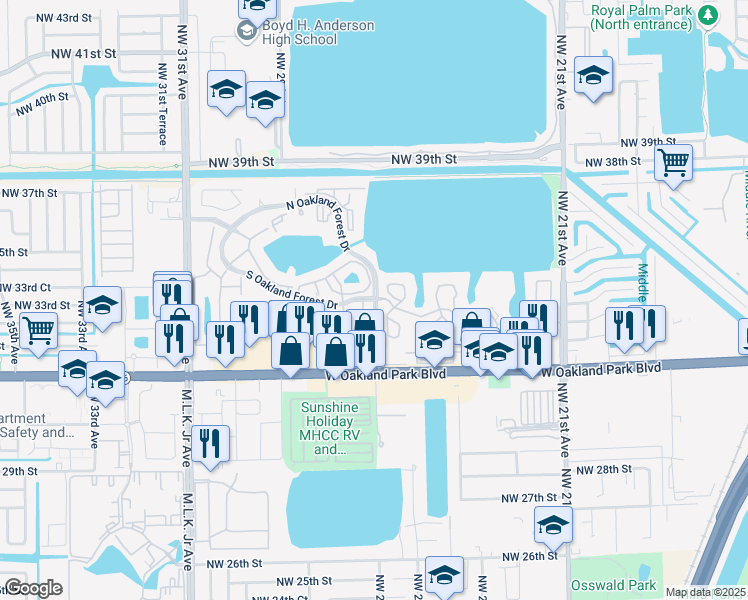map of restaurants, bars, coffee shops, grocery stores, and more near NW 27th Ave & S Oakland Forest Dr in Oakland Park