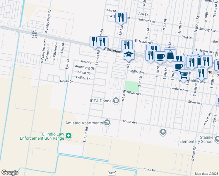 map of restaurants, bars, coffee shops, grocery stores, and more near 401 South 1st Street in Donna