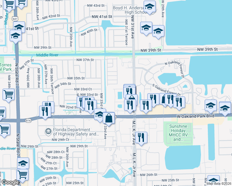 map of restaurants, bars, coffee shops, grocery stores, and more near 3239 Northwest 32nd Terrace in Lauderdale Lakes