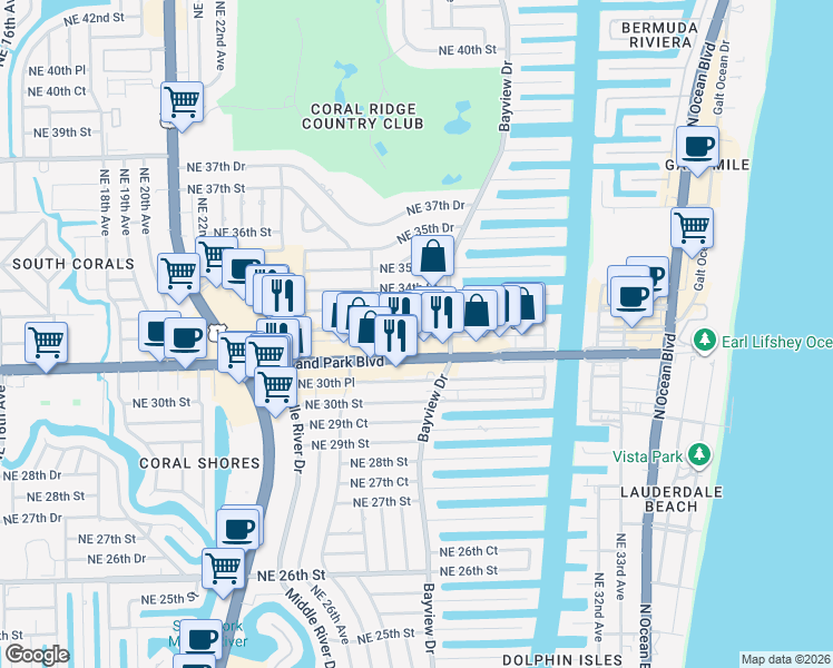 map of restaurants, bars, coffee shops, grocery stores, and more near 2739 East Oakland Park Boulevard in Fort Lauderdale