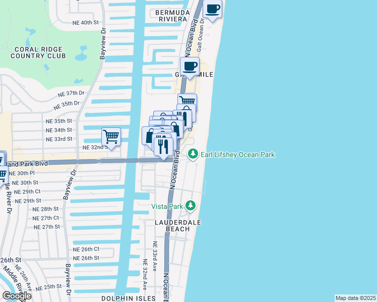map of restaurants, bars, coffee shops, grocery stores, and more near 3057 Center Avenue in Fort Lauderdale