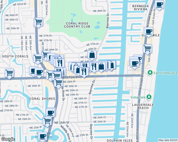 map of restaurants, bars, coffee shops, grocery stores, and more near 2724 Northeast 33rd Street in Fort Lauderdale