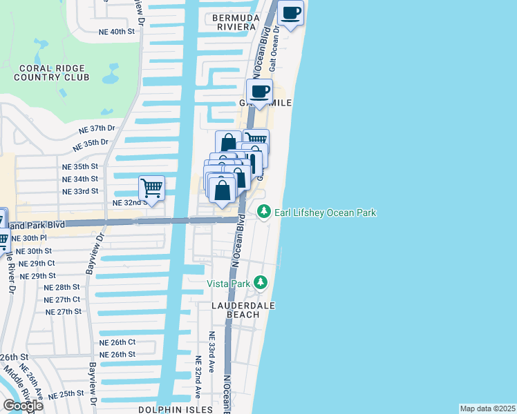map of restaurants, bars, coffee shops, grocery stores, and more near 3300 North Ocean Boulevard in Fort Lauderdale