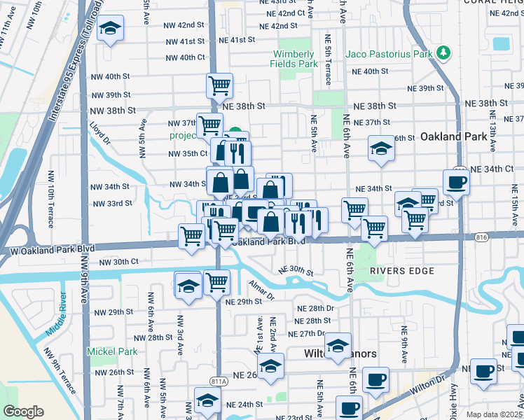 map of restaurants, bars, coffee shops, grocery stores, and more near 244 Northeast 33rd Street in Oakland Park