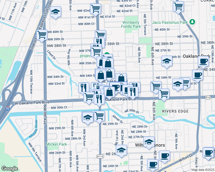map of restaurants, bars, coffee shops, grocery stores, and more near 180 Northeast 33rd Street in Oakland Park