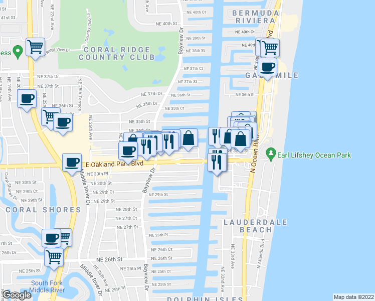 map of restaurants, bars, coffee shops, grocery stores, and more near 2857 Northeast 32nd Street in Fort Lauderdale