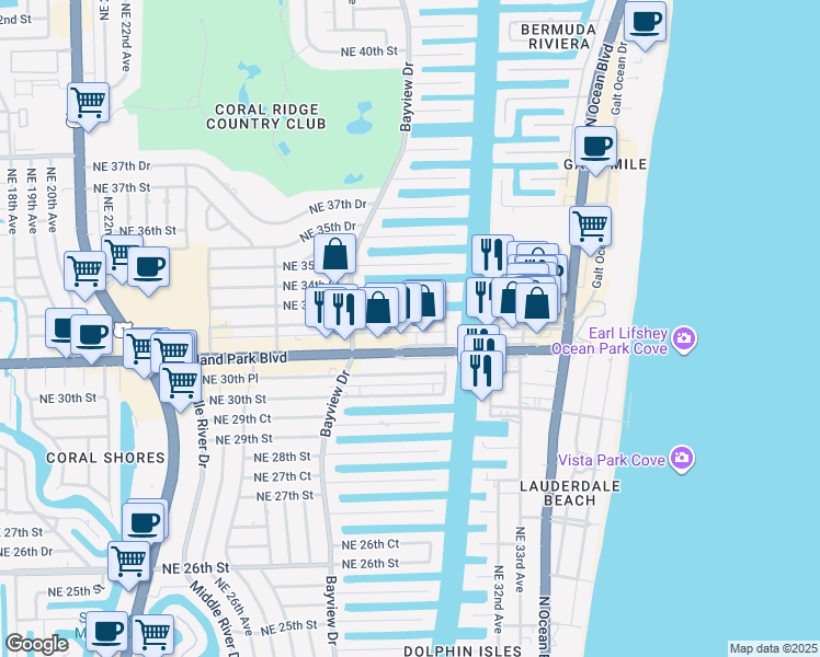 map of restaurants, bars, coffee shops, grocery stores, and more near 2857 Northeast 32nd Street in Fort Lauderdale