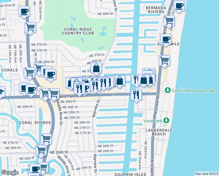 map of restaurants, bars, coffee shops, grocery stores, and more near 205 Northeast 32nd Street in Fort Lauderdale