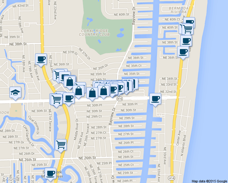 map of restaurants, bars, coffee shops, grocery stores, and more near 2764 Northeast 33rd Street in Fort Lauderdale