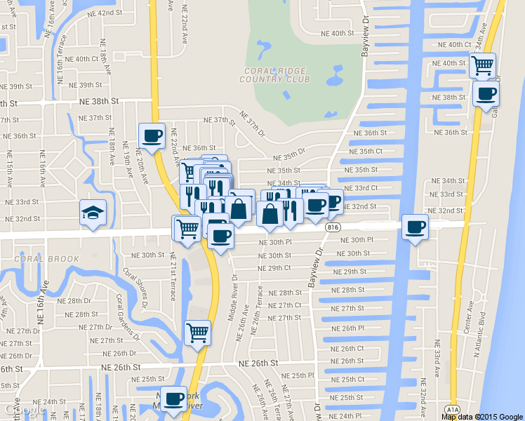 map of restaurants, bars, coffee shops, grocery stores, and more near 2616 Northeast 33rd Street in Fort Lauderdale