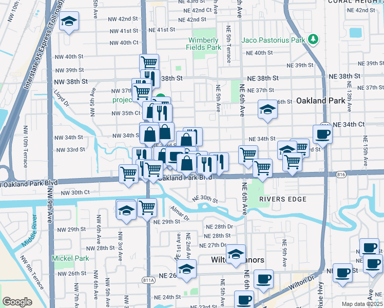 map of restaurants, bars, coffee shops, grocery stores, and more near 244 Northeast 33rd Street in Oakland Park