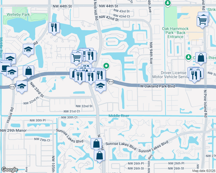 map of restaurants, bars, coffee shops, grocery stores, and more near in Sunrise