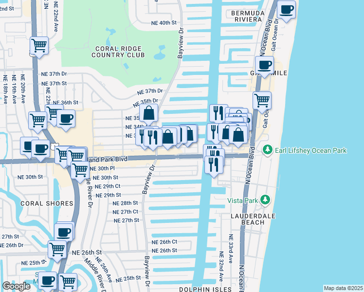 map of restaurants, bars, coffee shops, grocery stores, and more near 2857 Northeast 32nd Street in Fort Lauderdale